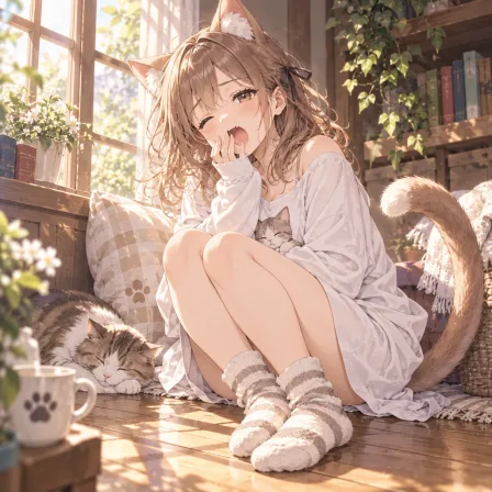 日向ぼっこの猫娘