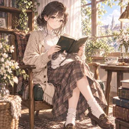 膝の上の猫と読書